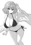  1girl bikini breasts bright_pupils cleavage closed_mouth commentary_request detached_sleeves greyscale huge_breasts kazami_yuuka looking_at_viewer monochrome navel onkn_sxkn plaid plaid_bikini short_hair smile solo swimsuit touhou wide_sleeves 