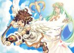  1boy 1girl ahoge angel angel_wings armlet blue_eyes blue_sky bow_(weapon) brown_hair chain cloud diadem forehead_jewel gold_chain green_hair grey_hair hallo-byby holding holding_bow_(weapon) holding_staff holding_weapon kid_icarus kid_icarus_uprising laurel_crown long_hair looking_at_viewer mixed-language_commentary open_mouth palutena pit_(kid_icarus) scarf shield sky smile sparkle staff vambraces very_long_hair weapon wings 