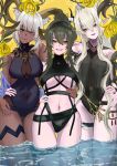  3girls :d absurdres animal_ears arknights arm_around_waist ass_visible_through_thighs bare_shoulders black_hairband black_one-piece_swimsuit blonde_hair blunt_bangs breasts brown_eyes carnelian_(arknights) carnelian_(shimmering_dew)_(arknights) casual_one-piece_swimsuit cleavage closed_mouth covered_navel dark-skinned_female dark_skin gavial_(arknights) goat_ears goat_girl goat_horns green_hair grey_hair grin hair_between_eyes hairband head_tilt highres horns jewelry kokawaaokawa large_breasts long_hair looking_at_viewer multiple_girls navel necklace official_alternate_costume one-piece_swimsuit open_mouth parted_lips pointy_ears ponytail red_eyes shining_(arknights) shining_(silent_night)_(arknights) short_hair sidelocks simple_background smile swimsuit thigh_gap thigh_strap underboob very_long_hair wading water yellow_background yellow_eyes 