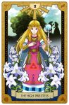 1girl blonde_hair bracer dress flower hand_on_own_chest holding holding_staff lily_(flower) link long_hair looking_at_viewer parted_lips pink_tabard pointy_ears princess_zelda short_sleeves solo staff straight-on suzuno_(kazahanasu) tabard tarot tarot_(medium) the_high_priestess_(tarot) the_legend_of_zelda the_legend_of_zelda:_a_link_to_the_past triforce_print white_dress white_lily 