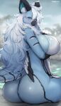  1girl absurdres animal_ear_fluff animal_ears animal_nose ass blue_eyes blue_fur blurry blurry_background blush body_fur breasts from_behind furry furry_female highres large_breasts long_hair looking_at_viewer looking_back original outdoors sideboob solo suurin_(ksyaro) tail towel twitter_username wet white_hair wings 
