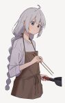  1girl ahoge apron blue_eyes braid brown_apron chopsticks closed_mouth cooking double-parted_bangs frying_pan grey_hair highres holding holding_chopsticks holding_frying_pan kizuna_akari long_hair minatsuki_(m1natsuk1) shirt simple_background sleeves_past_elbows solo twin_braids upper_body voiceroid white_background white_shirt 