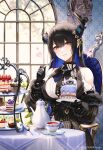  1girl asymmetrical_horns bare_shoulders black_hair blue_hair breasts cake cake_slice cake_stand chair clock colored_inner_hair cup cupcake demon_horns dessert food fork fruit hair_ornament heart holding holding_fork holding_plate hololive hololive_english horns jailbird_(nerissa_ravencroft) kim_eb large_breasts mole mole_under_eye multicolored_hair nerissa_ravencroft official_art plate red_eyes sitting slit_pupils solo strawberry table tassel tassel_hair_ornament tea teacup teapot two-tone_hair virtual_youtuber window 