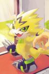  artist_name claws digimon digimon_(creature) grabbing grabbing_from_behind kira_(kira_dra) looking_at_viewer open_mouth pulsemon smile solo_focus walking 