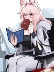  1girl animal_ears arknights blush book breasts chair cleavage commentary cup feet_out_of_frame grey_pants hair_intakes hairband highres holding holding_book holding_cup leggings long_hair long_sleeves mug pants pink_eyes pink_hair pozyomka_(arknights) pozyomka_(snowy_plains_in_words)_(arknights) sitting solo thighs tofudofu white_hairband wolf_ears 