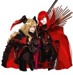  2girls absurdres armor black_armor black_bodysuit black_horns blonde_hair bodysuit breasts cape cropped_legs dragon_horns enilefilnoztlaw facial_mark fangs fate/grand_order fate_(series) hair_over_one_eye highres horns large_breasts long_hair multiple_girls oda_nobunaga_(fate) oda_nobunaga_(maou_avenger)_(fate) open_mouth pointy_ears queen_draco_(third_ascension)_(fate) red_cape red_eyes red_hair shoulder_plates sketch wavy_hair 