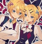  1boy 1girl anger_vein black_ribbon blonde_hair blue_eyes bow bowtie closed_mouth commentary crossed_arms diamond_(shape) hair_between_eyes hair_ribbon highres kagamine_len kagamine_rin long_sleeves miwasiba multiple_hairpins okochama_sensou_(vocaloid) ribbon short_hair signature tongue tongue_out vocaloid white_bow white_bowtie 