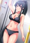  1girl absurdres black_bra black_hair black_panties bra commentary_request commission cowboy_shot dutch_angle highres kantai_collection long_hair panties pixiv_commission ponytail red_eyes see-through solo standing train_interior underwear underwear_only yahagi_(kancolle) zanntetu 