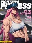  1girl abs blue_eyes breasts cleavage cover english_text final_fight highres large_breasts long_hair looking_at_viewer magazine_cover mootium muscular muscular_female pink_hair poison_(final_fight) sports_bra street_fighter veins 