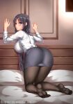  1girl against_wall ass black_hair black_pantyhose blue_eyes blush breasts facial_mark forehead_mark highres kneeling large_breasts long_hair looking_at_viewer midnight_(banyex) office_lady pantyhose pencil_skirt shirt skirt solo white_shirt xian_jian_qi_xia_zhuan_(series) zhao_linger 