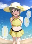  1girl absurdres beach bikini bikini_skirt blunt_bangs blunt_ends blush bob_cut bow clenched_hands commentary d: fisheye hands_on_own_chest hands_up hat hat_bow highres hoenn_(jgm1102) light_brown_hair looking_at_viewer love_live! love_live!_nijigasaki_high_school_idol_club midriff miniskirt nakasu_kasumi navel ocean official_alternate_costume open_mouth pink_eyes polka_dot polka_dot_bikini polka_dot_skirt shore short_hair skirt solo standing sun_hat sweatdrop swimsuit yellow_bikini yellow_bow yellow_skirt 