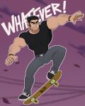  1boy absurdres bara beard_stubble black_hair full_body highres huge_eyebrows large_pectorals legs_apart looking_ahead lucas_lee male_focus midair muscular muscular_male pectorals scott_pilgrim_takes_off shirt short_hair short_sleeves skateboarding smile solo t-shirt tight_clothes tight_shirt v-taper yows_(artyows) 