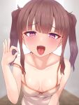 1girl absurdres bangs bare_shoulders blunt_bangs breasts brown_hair collarbone fellatio_gesture from_above grey_background half-closed_eyes hand_up highres koumei_(twinameless) long_hair looking_at_viewer medium_breasts open_mouth oral_invitation original purple_eyes simple_background small_breasts solo strap_slip teeth tongue tongue_out twintails 