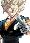  1boy 9302w_(user_wjpg8475) aqua_eyes arm_up blonde_hair dougi dragon_ball dragon_ball_z earrings foreshortening gloves grey_hair grin highres jewelry large_pectorals looking_at_viewer male_focus muscular muscular_male pectorals perspective potara_earrings reaching_towards_viewer simple_background smile solo spiked_hair super_saiyan super_saiyan_1 upper_body vegetto white_background white_gloves 