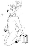  anthro antlers bowtielion christmas christmas_decorations christmas_present deer featureless_crotch gift glitter_buck hi_res holidays hooves horn jewelry kneeling looking_at_viewer male mammal monochrome necklace nude philips_(company) smiles sparkles 