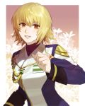  1girl aiguillette blonde_hair border cagalli_yula_athha clenched_hand commentary_request floral_background grin gundam gundam_seed gundam_seed_destiny hand_up highres jacket long_sleeves looking_at_viewer military_jacket multicolored_clothes multicolored_jacket outside_border short_hair smile solo ususio_11 white_border yellow_eyes 