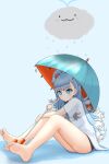  1girl bare_legs barefoot blue_eyes blue_hair blue_nails cloud highres holding holding_umbrella hololive hololive_indonesia kobo_kanaeru light_blue_hair long_hair multicolored_hair nail_polish simple_background sitting soles solo tamagotozi3420 toes two-tone_hair umbrella virtual_youtuber white_hair 