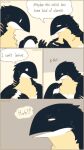  anthro avian beak bird black_body black_feathers comic dialogue digital_media_(artwork) egg feathers hi_res humanoid male pegu2726 penguin scar simple_background speech_bubble white_body white_feathers 