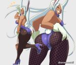  1girl absurdres animal_ears ass back bare_shoulders basket boku_no_hero_academia bow bowtie breasts dark-skinned_female dark_skin detached_collar english_commentary fishnet_pantyhose fishnets from_behind full_body gloves grin hand_up hands_on_own_ass high_heels highleg highleg_leotard highres holding holding_basket large_breasts leotard long_eyelashes long_hair looking_at_viewer mirko multiple_views pantyhose parted_bangs ponytail purple_bow purple_bowtie purple_footwear purple_leotard rabbit_ears rabbit_girl rabbit_pose rabbit_tail red_eyes sideboob smile standing standing_on_one_leg strapless strapless_leotard tail tail_through_clothes teeth thighs toned tongue tongue_out traditional_bowtie twitter_username very_long_hair white_gloves white_hair zero_momentai 