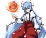  1girl blue_hair bow collared_shirt commentary_request fireball flat_chest frilled_sleeves frills fujiwara_no_mokou hair_bow hair_ribbon hand_up light_blue_hair long_hair long_sleeves ofuda ofuda_on_clothes pants red_eyes red_pants ribbon shirt simple_background sketch smile solo suspenders suwi touhou white_background white_bow white_ribbon white_shirt 