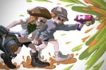  2girls black_footwear black_shorts blue_eyes boots brown_headwear closed_mouth explosive firing frown grenade grey_sweater hat highres holding holding_grenade humanlynn ink inkling inkling_girl multiple_girls orange_hair pointy_ears poncho safety_pin shirt shoes short_hair short_shorts shorts simple_background slosher_(splatoon) sneakers splatoon_(series) striped striped_headwear sweater t-shirt white_background white_footwear white_shirt 