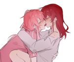  2girls blush bocchi_the_rock! closed_eyes commentary couple french_kiss gotoh_hitori hand_on_another&#039;s_back hand_on_another&#039;s_head highres kiss kita_ikuyo long_hair multiple_girls off_shoulder pink_hair pink_track_suit portrait red_hair shiba257 shirt simple_background sweat symbol-only_commentary white_background white_shirt 