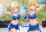  2girls absurdres ayul_(ayulneri_92) barbara_(genshin_impact) bare_shoulders blonde_hair blue_eyes blue_shirt blue_skirt blush breasts cheerleader cleavage collarbone commentary crop_top crop_top_overhang genshin_impact highres holding holding_pom_poms jean_(genshin_impact) large_breasts long_hair looking_at_viewer medium_breasts multiple_girls navel open_mouth pom_pom_(cheerleading) ponytail sailor_collar shirt sidelocks skirt sleeveless sleeveless_shirt smile thighs twintails white_sailor_collar 