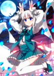  1girl black_ribbon blue_eyes blush closed_mouth collared_shirt foot_out_of_frame frilled_skirt frills full_moon green_skirt green_vest grey_hair hair_ribbon highres konpaku_youmu konpaku_youmu_(ghost) long_sleeves moon rabbit_pose ribbon sazanami_mio shirt shoes short_hair skirt smile solo thighhighs touhou vest white_shirt white_thighhighs 