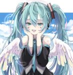  1girl 39 :d angel_wings aqua_eyes aqua_hair aqua_nails aqua_necktie bangs black_skirt blue_sky cloud commentary detached_sleeves fang halo hands_on_own_face hatsune_miku highres looking_at_viewer miku_day musical_note naguno-0713 necktie number_tattoo open_mouth outdoors skin_fang skirt sky smile solo tattoo twintails upper_body vocaloid white_wings wings 
