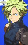  1boy armor blonde_hair blue_background blue_eyes blue_sweater closed_mouth cloud_strife dated earrings final_fantasy final_fantasy_vii final_fantasy_vii_remake hair_between_eyes jewelry looking_at_viewer male_focus sasaki_tomomi short_hair shoulder_armor sidelocks single_bare_shoulder single_earring sleeveless sleeveless_turtleneck solo spiked_hair stud_earrings suspenders sweater turtleneck turtleneck_sweater twitter_username upper_body 