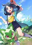  1girl :d absurdres arm_up black_hair black_shorts blush cloud coat commentary_request cowlick day eyelashes falling_leaves green_coat hair_ornament hairclip hand_up highres holding holding_poke_ball jewelry leaf liko_(pokemon) necklace open_clothes open_coat open_mouth outdoors poke_ball poke_ball_(basic) pokemon pokemon_(anime) pokemon_horizons pon_yui shirt shoes shorts sky sleeves_past_elbows smile socks sprigatito standing white_shirt yellow_bag 