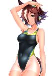  1girl absurdres animal_ears black_one-piece_swimsuit breasts brown_hair covered_navel cowboy_shot hair_over_one_eye highleg highleg_swimsuit highres horse_ears horse_girl horse_tail looking_at_viewer medium_breasts multicolored_hair one-piece_swimsuit one-piece_tan oryou_gunsou simple_background solo stopwatch streaked_hair swimsuit tail tan tanlines umamusume vodka_(umamusume) white_background white_hair yellow_eyes 