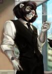  anthro belt biped black_body black_clothing black_fur black_suit black_tie_(suit) bottomwear brown_eyes building cigarette cigarette_smoke claws clock clothed clothing day detailed_background esperpenta facial_hair felid female finger_claws fingers fur hair half-closed_eyes hi_res humanoid_hands inner_ear_fluff inside lion looking_at_viewer mammal mane mouth_closed multicolored_body multicolored_hair muscular muscular_anthro muscular_female mustache narrowed_eyes necktie pantherine pants pink_nose seductive shirt sky skyscraper smile smoke smoking solo standing suit tail teeth topwear tuft vest watch whiskers white_body white_clothing white_fur window 