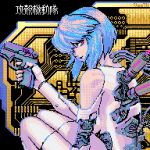  1girl blue_hair cyborg from_side ghost_in_the_shell gun holding holding_gun holding_weapon joints knees_up kusanagi_motoko looking_at_viewer lowres purple_eyes robot_joints shirorofuru short_hair solo upper_body weapon wire 