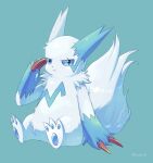  :&lt; alternate_color aqua_background aqua_eyes claws closed_mouth full_body highres ibusaki_(ivu) no_humans pawpads pokemon shiny_pokemon sitting solo tail v-shaped_eyebrows zangoose 