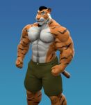  2023 3d_(artwork) abs anthro biceps black_hair black_stripes blue_background body_hair bottomwear braford brown_eyes chest_hair claws clothed clothing deltoids digital_media_(artwork) facial_hair felid finger_claws fist fur green_bottomwear green_clothing green_shorts hair happy_trail hi_res male mammal muscular muscular_anthro muscular_male navel nipples obliques orange_body orange_fur pantherine pecs shorts sideburns simple_background solo striped_body striped_fur stripes tiger topless triceps white_hair 