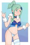  1girl arm_warmers blush border breasts cleavage closed_mouth collar commentary earrings eyelashes gradient_background green_eyes green_hair hand_up highres index_finger_raised jewelry lisia_(pokemon) navel panties pokemon pokemon_(game) pokemon_oras raised_eyebrows sidelocks single_thighhigh softhanten solo striped striped_panties striped_thighhighs sweat thighhighs underboob underwear white_border 