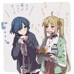  2girls ahoge black_jacket black_pantyhose blonde_hair blue_hair blush bocchi_the_rock! brown_skirt buttons closed_mouth cup drink drinking_glass green_jacket holding holding_tray hood hooded_jacket ijichi_nijika jacket long_hair long_sleeves multiple_girls one_side_up open_clothes open_jacket open_mouth pantyhose red_eyes ree_(re-19) shirt short_hair skirt translation_request tray white_shirt yamada_ryo yellow_eyes 