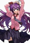  1girl absurdres arms_up black_skirt blue_eyes boxcutter breasts closed_mouth highres holding_boxcutter juliet_sleeves long_hair long_sleeves looking_at_viewer medium_breasts monogatari_(series) naoetsu_high_school_uniform necktie pink_shirt pleated_skirt puffy_sleeves purple_hair ruler school_uniform senjougahara_hitagi shirt skirt solo standing stationery thighhighs very_long_hair white_background yarawi 