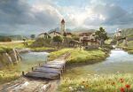 artist_name blunell_(artist) bridge building cloud commentary english_commentary european_architecture flower grass highres landscape nature original outdoors path red_flower river signature sky tree village water watermark white_flower windmill 