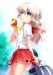  1girl arm_at_side bag bloom blue_eyes bow breasts charlotte_(anime) commentary_request cowboy_shot cup day eyelashes eyes_visible_through_hair grey_hair hair_between_eyes half_updo hand_up holding holding_bag holding_cup hoshinoumi_academy_school_uniform jam light_blush long_hair looking_at_viewer looking_down medium_breasts miniskirt outdoors panties panty_peek parted_lips pleated_skirt red_sailor_collar red_skirt sailor_collar school_uniform shirt short_ponytail short_sleeves skirt solo standing tomori_nao underwear wavy_hair white_panties white_shirt yellow_bow zen_(kamuro) 