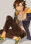  1boy absurdres black_jacket brown_hair brown_pants closed_mouth collarbone fate/grand_order fate_(series) frown grey_background grey_eyes hair_between_eyes highres hood hooded_jacket jacket male_focus mandricardo_(fate) midriff_peek pants shirt sitting tumikilondon5 white_shirt yellow_footwear 