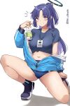  1girl absurdres bare_legs black_shirt blue_archive blue_eyes blue_jacket bottle buruma commentary crop_top grin half_updo halo highres holding holding_bottle jacket lanyard long_hair long_sleeves looking_at_viewer midriff navel official_alternate_costume pinnn purple_footwear purple_hair revision shirt shoes short_sleeves simple_background smile solo stomach thighs tied_shirt very_long_hair white_background yuuka_(blue_archive) yuuka_(track)_(blue_archive) 