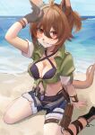  1girl absurdres agnes_tachyon_(lunatic_lab)_(umamusume) agnes_tachyon_(umamusume) ahoge animal_ears arm_up beach bikini black_bikini black_footwear blue_sky blush bracelet breasts brown_hair cleavage cleavage_cutout clothing_cutout commentary criss-cross_halter cross-laced_footwear denim denim_shorts green_shirt grin halterneck highres horse_ears horse_girl horse_tail jewelry kii-kun_(agnes_tachyon)_(umamusume) medium_breasts navel nida_keita official_alternate_costume on_ground open_fly sand shirt short_hair shorts sitting sky sleeves_rolled_up smile solo summer swimsuit tail test_tube thigh_strap tied_shirt umamusume wariza water 