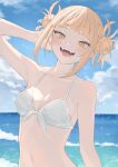  1girl arm_up bikini blonde_hair blue_sky blunt_bangs blush boku_no_hero_academia breasts cleavage cloud commentary day double_bun fang hair_bun highres kiina_(mrnsor) looking_at_viewer medium_breasts ocean open_mouth outdoors short_hair sky solo sparkle swimsuit toga_himiko upper_body water white_bikini yellow_eyes 