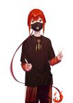  1boy black_shirt coffeekite fate/grand_order fate_(series) fire highres jewelry long_hair long_sleeves looking_at_viewer mask mouth_mask necklace oda_nobukatsu_(fate) pants ponytail red_eyes red_hair shirt short_sleeves sidelocks simple_background solo t-shirt v white_background 