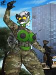  absurd_res big_breasts breasts clothing female gun hi_res hyena mammal military ranged_weapon shirt topwear torn_clothing torn_shirt torn_topwear unifrom victhetiger wardrobe_malfunction weapon 