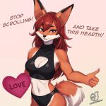  absurd_res anthro canid canine clothing crop_top female fox fur gesture hair happy hearth hi_res love mammal olivialovesfur orange_body orange_fur positive_message red_hair shirt smile solo tail thumbs_up topwear 