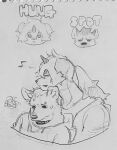  2023 anthro arknights canid canine canis clothed clothing collar domestic_dog duo eyes_closed fur graphite_(artwork) hair head_on_head hi_res horn hung_(arknights) hyena hypergryph long_hair male male/male mammal monochrome musical_note pencil_(artwork) pluto08010511 pu94_d1de4c sketch sketch_page spots spotted_body spotted_fur spotted_hyena studio_montagne traditional_media_(artwork) 