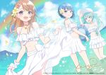  3girls aqua_eyes aqua_hair arm_at_side bare_shoulders beach blue_eyes blue_hair blue_sky bow braid brown_hair caustics cloud cloudy_sky collarbone day dot_nose dutch_angle eyelashes floating_hair flower flower_necklace frills grey_eyes hair_flower hair_ornament halterneck hanasato_minori hand_up happy hat hatsune_miku highres jewelry kiritani_haruka leaf light_blush long_hair looking_afar looking_at_another looking_back medium_hair more_more_jump!_(project_sekai) more_more_jump!_miku mountainous_horizon multiple_girls navel neck_ring necklace off_shoulder official_art open_mouth outdoors petals plumeria project_sekai rainbow sarong sarong_hold shading_eyes short_hair signature sky stomach stuffed_animal stuffed_penguin stuffed_toy sun_hat sunglasses swept_bangs swimsuit twintails vocaloid wading waist_bow water white-framed_eyewear white_bow white_flower white_headwear white_sarong wogura wrist_cuffs 